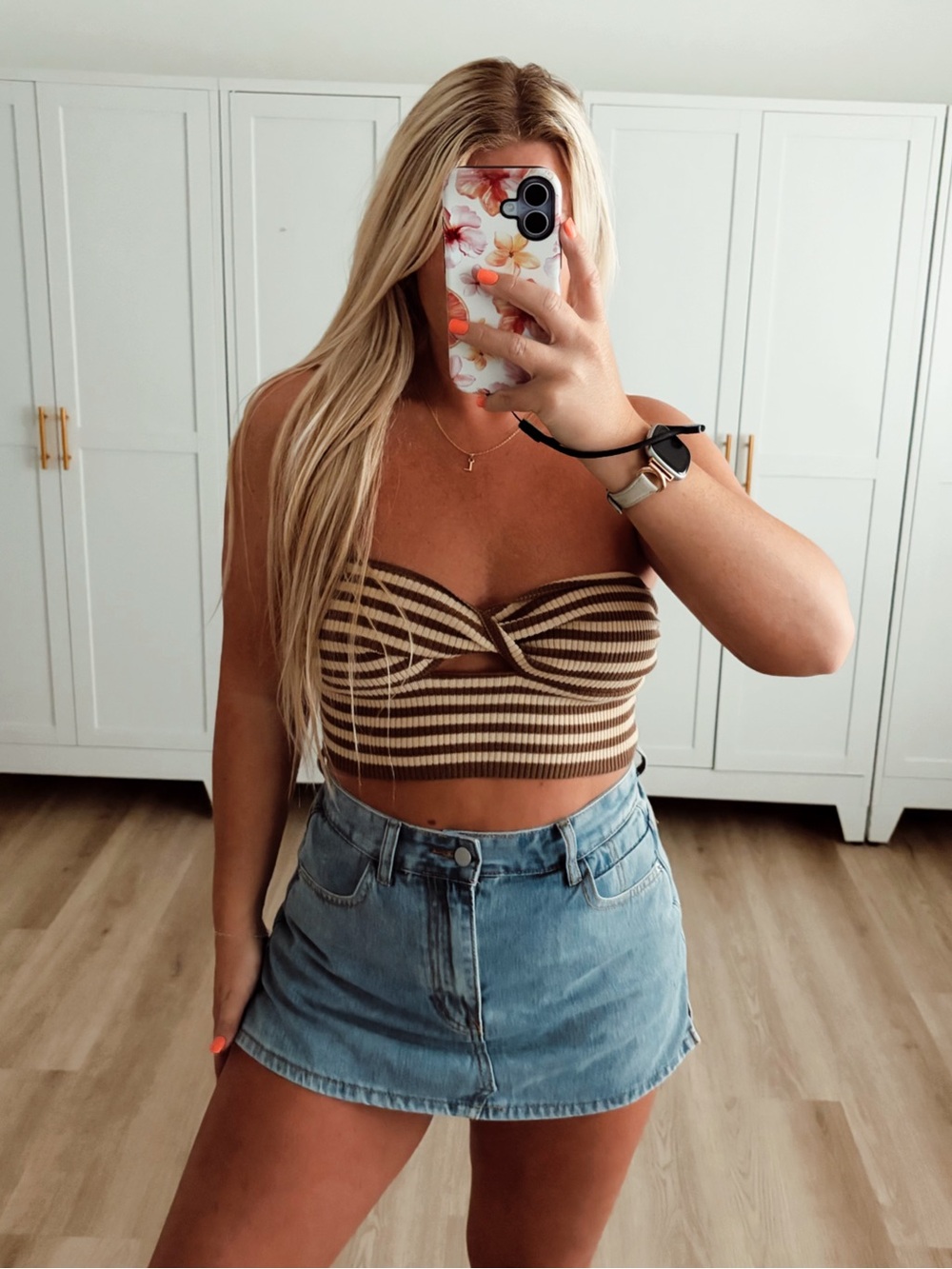 Brown and tan striped bandeau strapless crop top